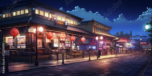 Nighttime scene of a street corner with a restaurant and lanterns .