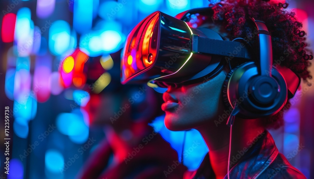  business focused on virtual reality experiences, showcasing immersive technology, interactive simulations, and the excitement of cutting-edge entertainment in a virtual world. generative - obrazy, fototapety, plakaty 