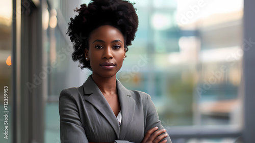 portrait of a black business woman wearing professional dress clothing in an office building
