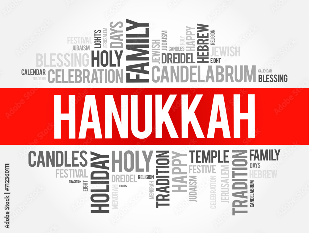 Fototapeta premium Hanukkah - Jewish festival commemorating the recovery of Jerusalem and subsequent rededication of the Second Temple, word cloud concept background
