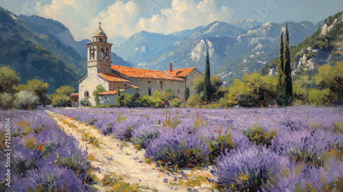 Idyllic vintage painting of a small chapel amidst a vibrant lavender field  with lush trees and towering mountains in the backdrop.