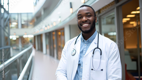 a black male doctor smiling and standing confidently wearing a white lab coat photo