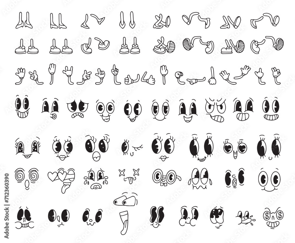 Vintage cartoon hands in gloves and feet in shoes.Comic hand gestures and walking legs vector set. Cute animated characters body parts. Set of retro cartoon mascot characters. 