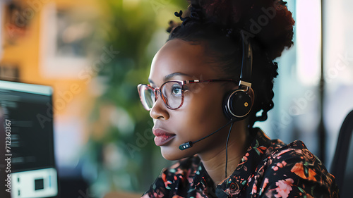 a black woman working as a tech support specialist in an office photo