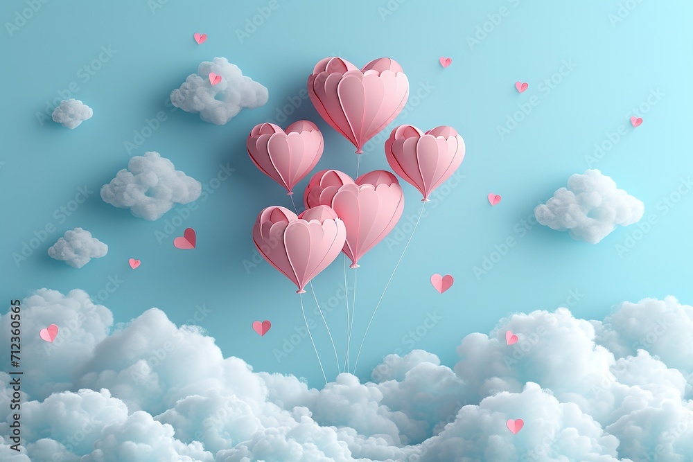 Valentines day sale background with Heart Balloons and clouds. Paper cut style. Can be used for Wallpaper, flyers, invitation, posters, brochure, banners. Vector illustration