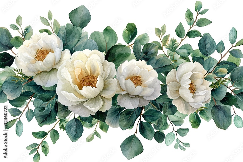 Watercolor floral illustration - white flowers, rose, peony, leaves and branches wreath frame. Wedding stationary, greetings, wallpapers, fashion, background. Eucalyptus, olive, green - obrazy, fototapety, plakaty 