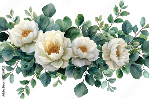 Wallpaper Mural Watercolor floral illustration - white flowers, rose, peony, leaves and branches wreath frame