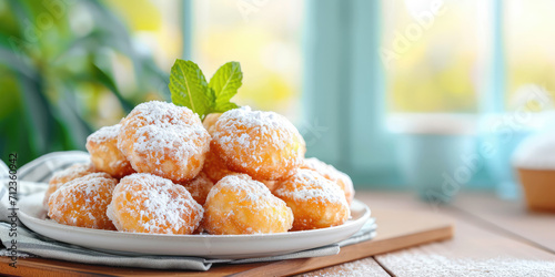 Dusted Zeppole Pile on simple kitchen background with copy space. Pile of sugary Zeppole in soft kitchen light. photo