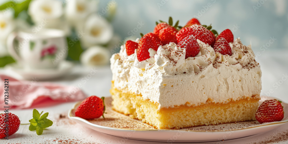 Strawberry Topped Tres Leches Cake closeup. A slice of creamy tres leches cake garnished with fresh raspberry and dusted with cocoa, served on a pastel background. Strawberry Topped Tres Leches Cake closeup. A slice of creamy tres leches cake garnished with fresh raspberry and dusted with cocoa, served on a pastel background.