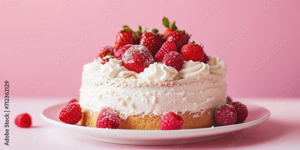 Strawberry Topped Tres Leches Cake closeup. A slice of creamy tres leches cake garnished with fresh strawberries and dusted with cocoa, served on a pastel background. Strawberry Topped Tres Leches Cake closeup. A slice of creamy tres leches cake garnished with fresh strawberries and dusted with cocoa, served on a pastel background.