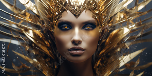Majestic woman with golden headdress and ethereal beauty