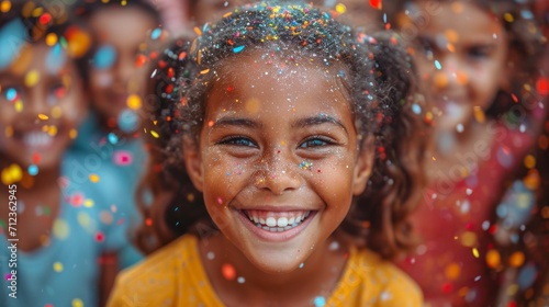 enfants avec des confettis sur le visage pendant un anniversaire photo