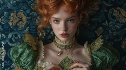 woman, red hair, green eyes, melanie thierry, wearing a green victorian dress, holding a tarot card, dark blue patterned wall, vivid colors photo