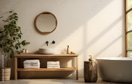 Modern minimalist bathroom with natural light and greenery