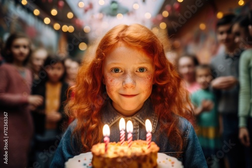 a redheaded young girl will blow out the candles on the birthday cake