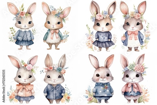 watercolor cartoon style illustration of cute bunny rabbit walking in flower garden  collection set  Generative Ai  