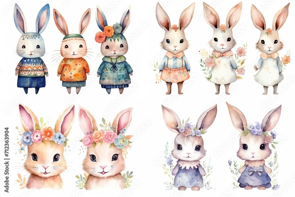 watercolor cartoon style illustration of cute bunny rabbit walking in flower garden, collection set, Generative Ai	
