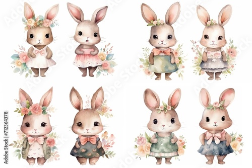 watercolor cartoon style illustration of cute bunny rabbit walking in flower garden, collection set, Generative Ai 