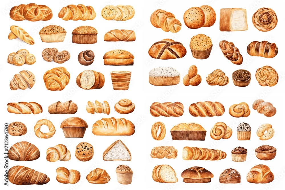 watercolor cartoon illustration collection set, fresh vintage bread look tasty, isolated on white background, idea for sticker and junk journal clipart, Generative A - obrazy, fototapety, plakaty 