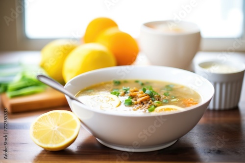 vegan lentil soup with a lemon wedge on the side