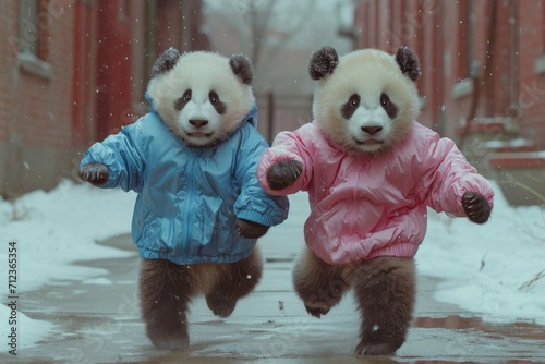 2 pandas habiller en survêtement en train de danser dans la rue