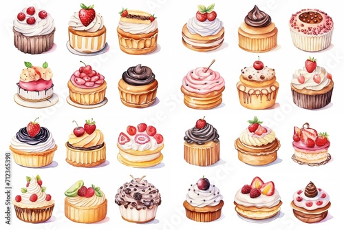  watercolor cartoon illustration collection set  fresh bakery with fruit and cream  isolated on white background  idea for sticker and junk journal clipart  Generative A