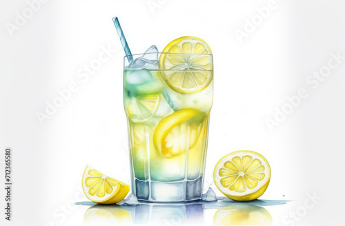 refreshing summer beverage, alcohol drink. watercolor illustration of glass of lemonade.