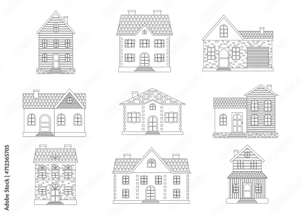 Cottage houses set, House line icons set, building exterior