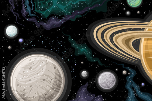 Vector Fantasy Space Chart, horizontal poster with illustration of  saturn moons, rotating around Saturn planet in deep space, decorative futuristic cosmo print with black stellar space background
