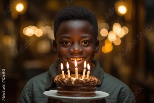 An African boy blows out candles on a birthday cake in his home