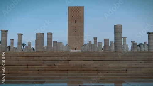 A set of stairs and columns lead up to the Hassan Mosque, a scenic mosque in Rabat, Morocco