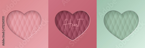 Set of pastel pink and mint green soft 3D heart shape frame design. Collection of geometric backdrop for cosmetic product display,  valentine day festival design,  presentation, banner, cover and web.