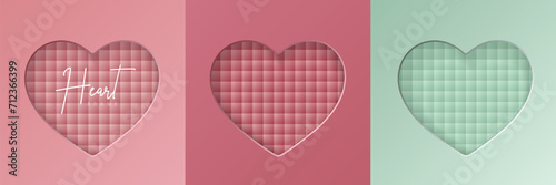 Set of pastel pink and mint green soft 3D heart shape frame design. Collection of geometric backdrop for cosmetic product display,  valentine day festival design,  presentation, banner, cover and web.