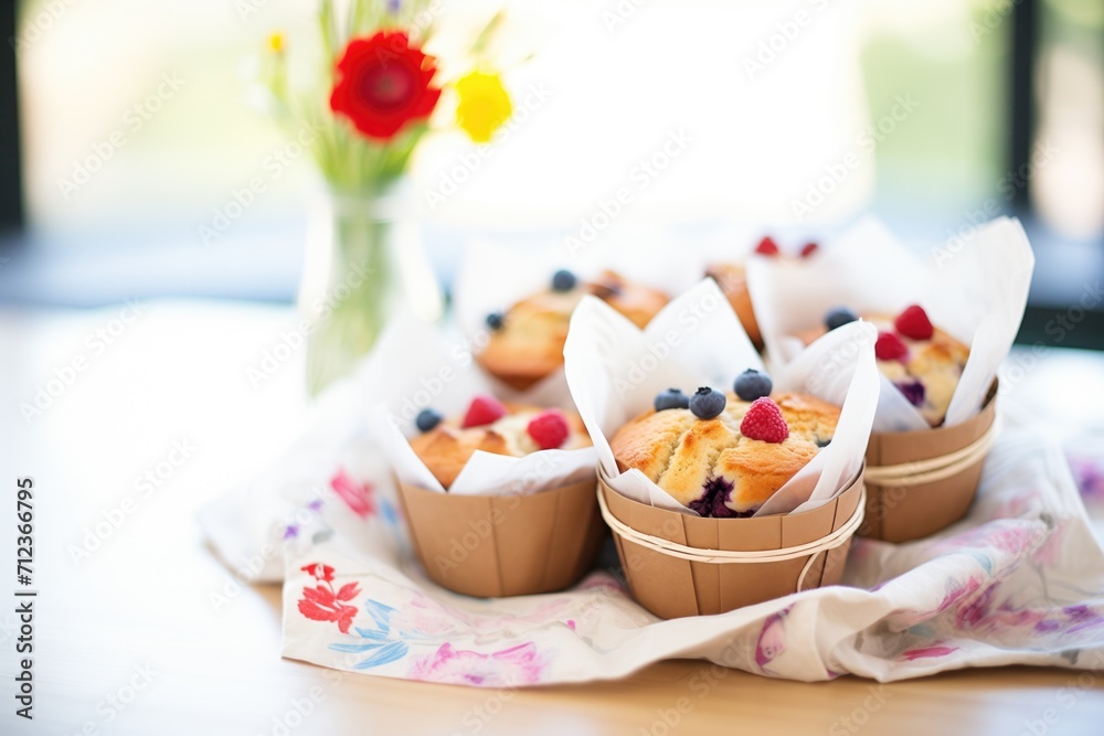 mixed berry muffins in a parchment-lined basket mixed berry muffins in a parchment-lined basket