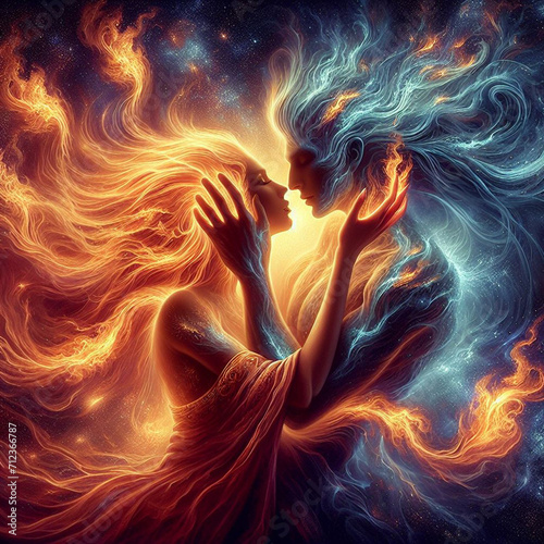 Twin flame couple. Soulmates. The concept of magical, esoteric, tantric, spiritual love. Connection between souls. Illustration for websites and much more. Created using generative ai tools