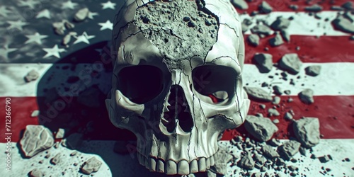 American flag and skull, patriot and veteran, the country's aggressive policy leads to aggression and war photo