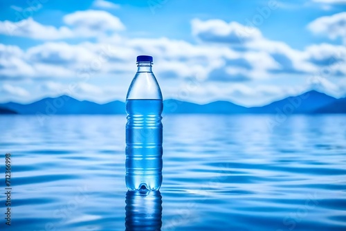 water bottle  on blue water  , beverage branding template , blue sky