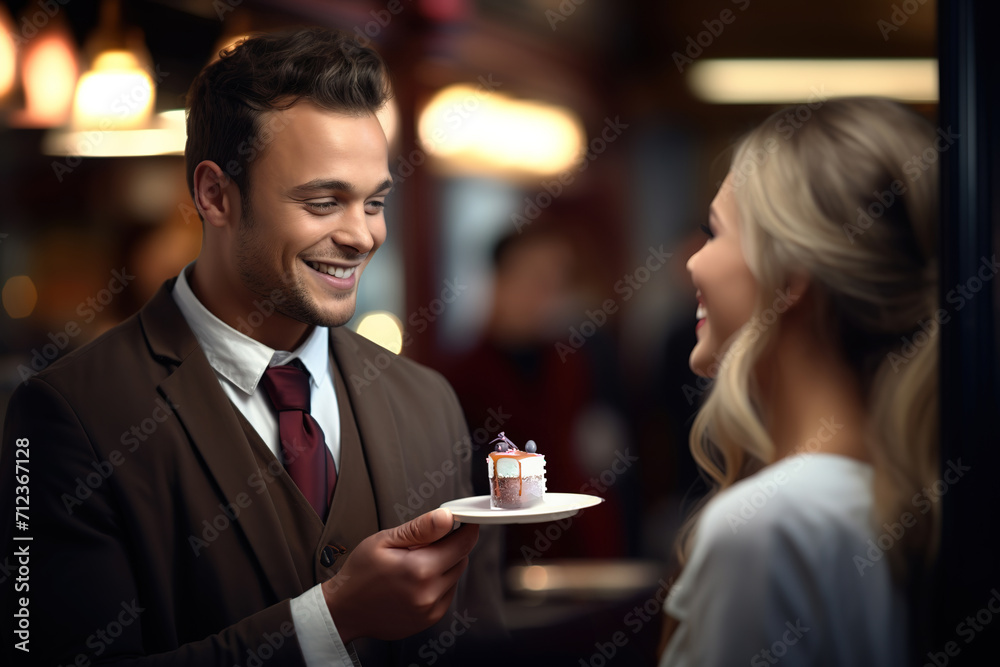 Gentleman giving blackberry cake to smiling lady.