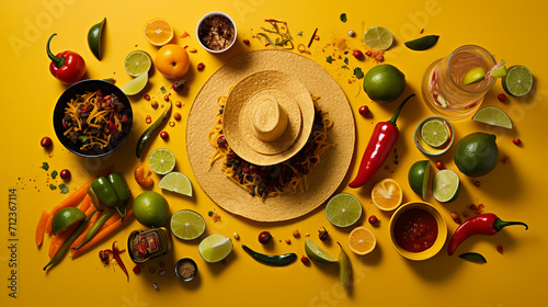 Celebrate Cinco de Mayo with this Vibrant Mexican Fiesta Flat Lay Featuring Sombrero, Poncho, and Tequila Shots on a Bright Yellow Background! photo
