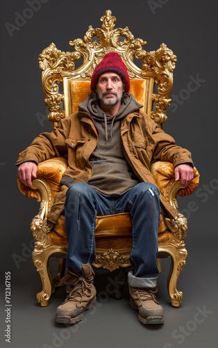 A homeless man sitting on golden throne