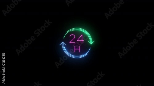 24 hours Motion Graphic: A seamless loop of an animated neon sign transitioning from vibrant to a subdued glow. Ideal for businesses with closing hours. High-resolution    photo