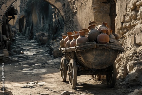  Stone-wheel cart carrying ancient amphorae filled with valuable goods for trade, a scene of trade and commerce as a stone-wheel cart carries ancient amphorae filled with valuable goods.