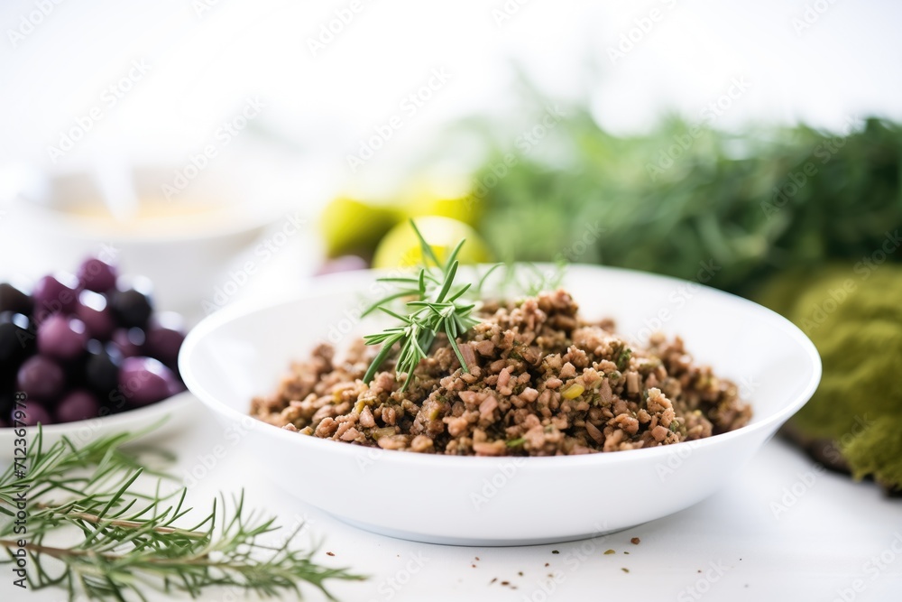 freshly made olive tapenade in white bowl beside olives freshly made olive tapenade in white bowl beside olives