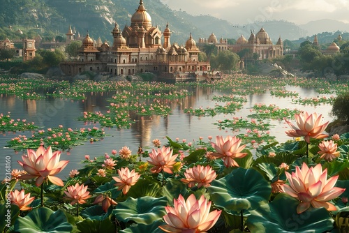 Ariel shot, Pilgrims release lotus flowers into the sacred Nile, honoring both the river and their beliefs. cinematic, unreal engine