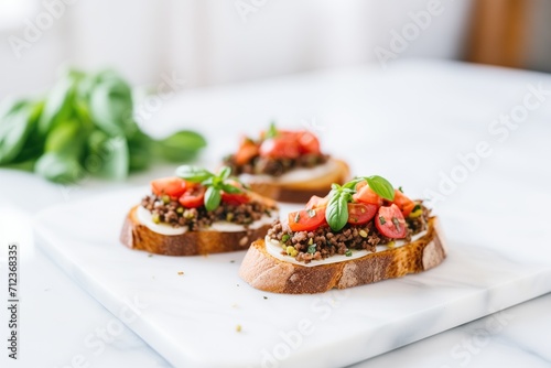olive tapenade topped bruschetta on a marble surface