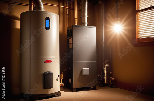 High Efficiency Furnace with a White Residential Gas. Tankless Water Heater and Humidifier. A Professional Installation a Gas Boiler. Installed a Heating Equipment. Repair, Problems, Services