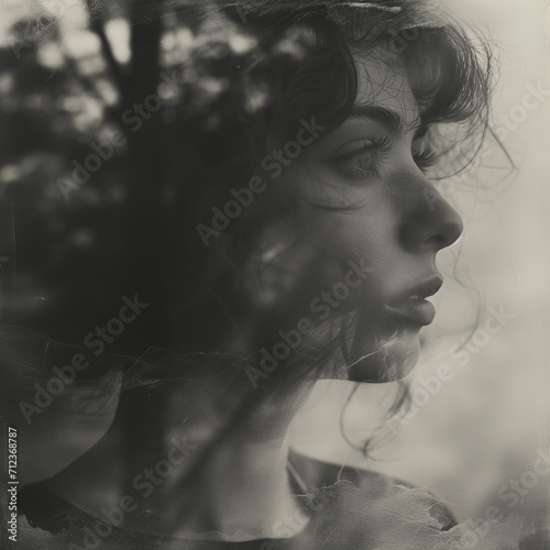 black and white photo with double exposure of woman standing near the window