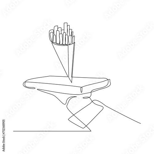 Continuous single line sketch drawing of hand holding food tray french fries potato chips. One line art of junkfood snack complementary food vector illustration