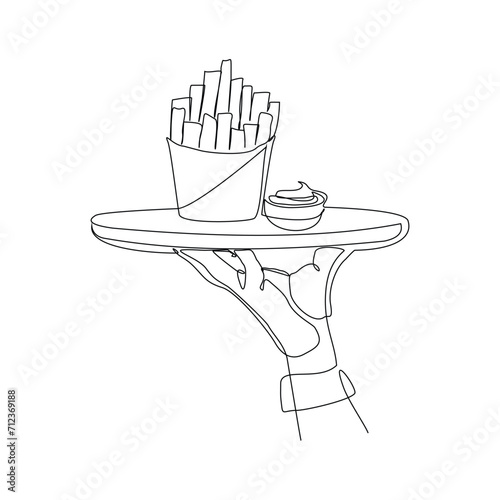 Continuous single line sketch drawing of hand holding food tray french fries potato chips. One line art of junkfood snack complementary food vector illustration