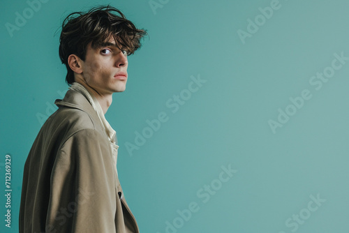 fashion young man in a studio muted color background and minimalistic
